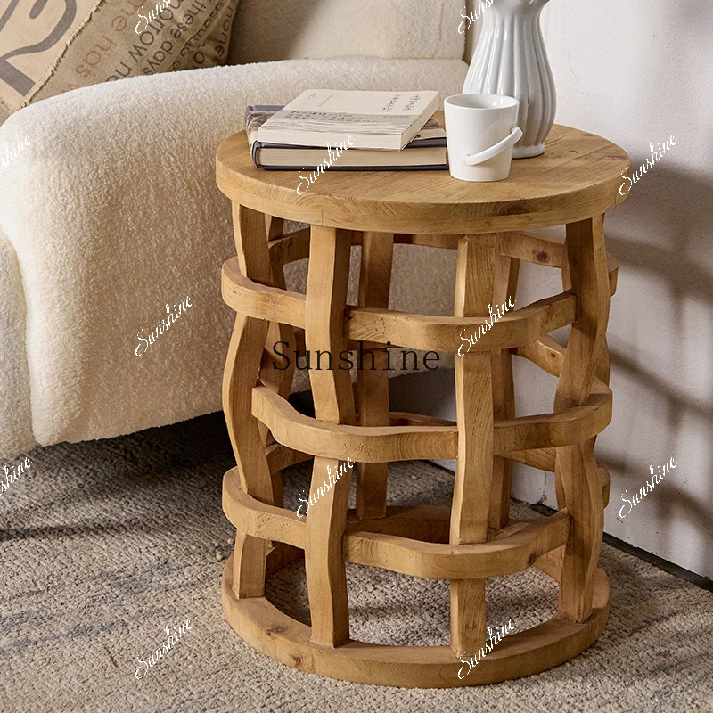 Solid wood round small coffee table living room sofa front home bed and breakfast side table retro log  FT