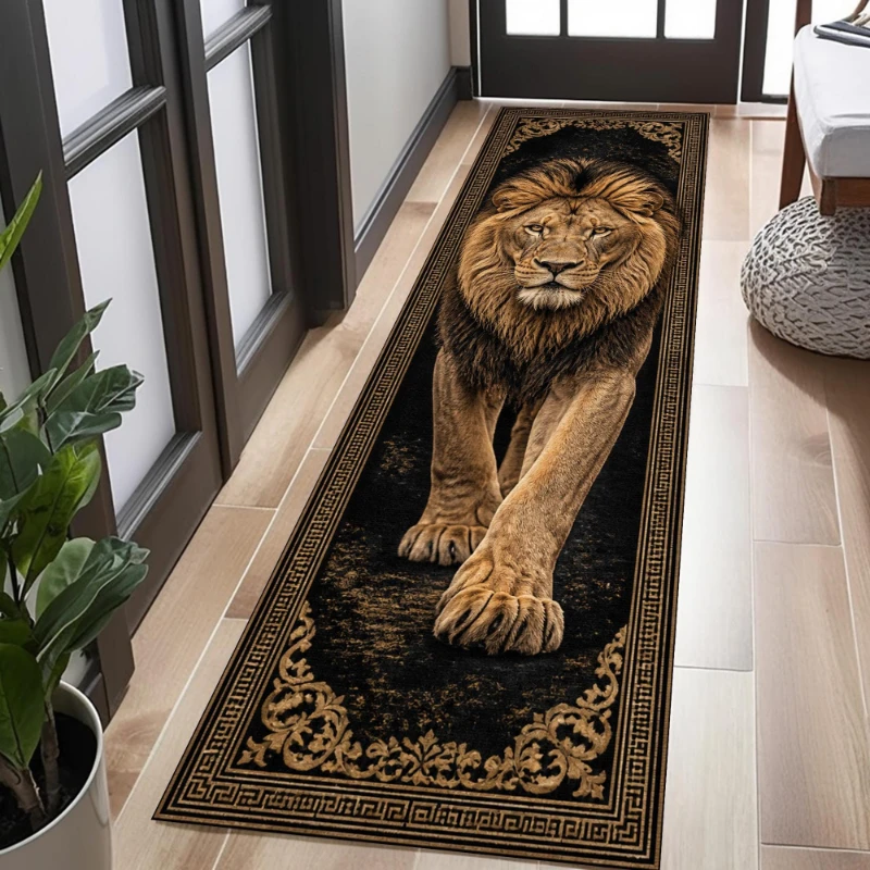 Majestic Wild Lion Vintage Floral Border Graphics Runner Rug,Hallway,Sofa Side,Terrace,Non Slip Runner Rug,Nature Decor Present