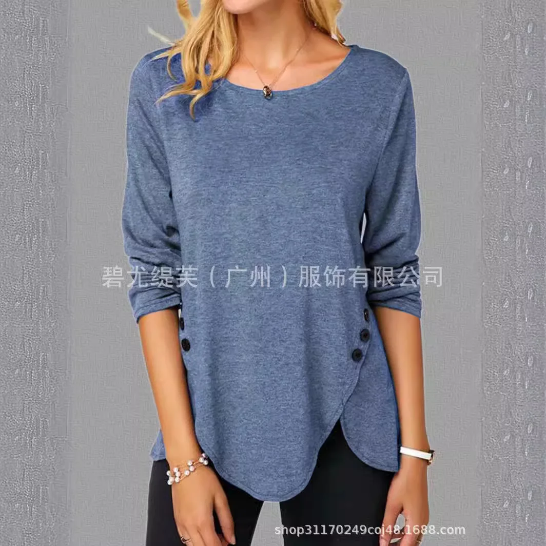 

2026 Women's Fashion Irregular Casual Comfortable Solid Color Button Hem Long Sleeve Round Neck Large Size T-Shirt for Women