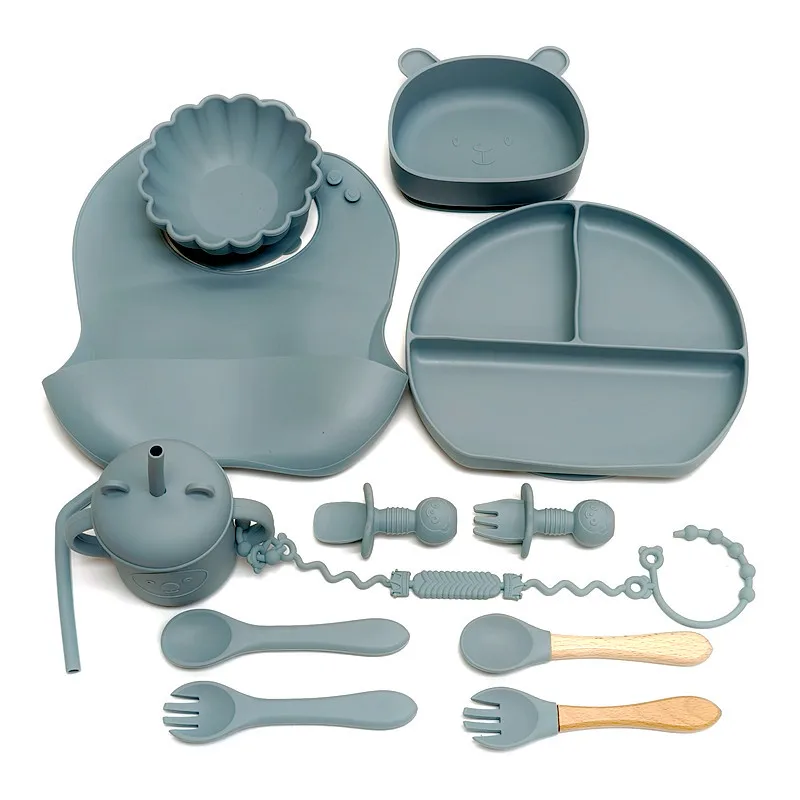 Children's Silicone Tableware Dinner Plate Baby Complementary Bowl Set 13pcs Suction Cup Bowl Drop-proof Straw Cups