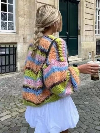 2026 Rainbow Striped Cardigan Long Sleeve Vintage Heavy Hand Crochet Knit Cardigan Sweater Coat