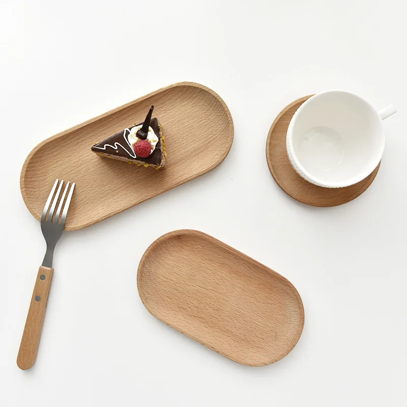 HeMu Natural Beech Wood Tray Multi-Size Oval Square Wooden Serving Plate,Dessert Snack Jewelry Storage Tray for Coffee Bar Decor