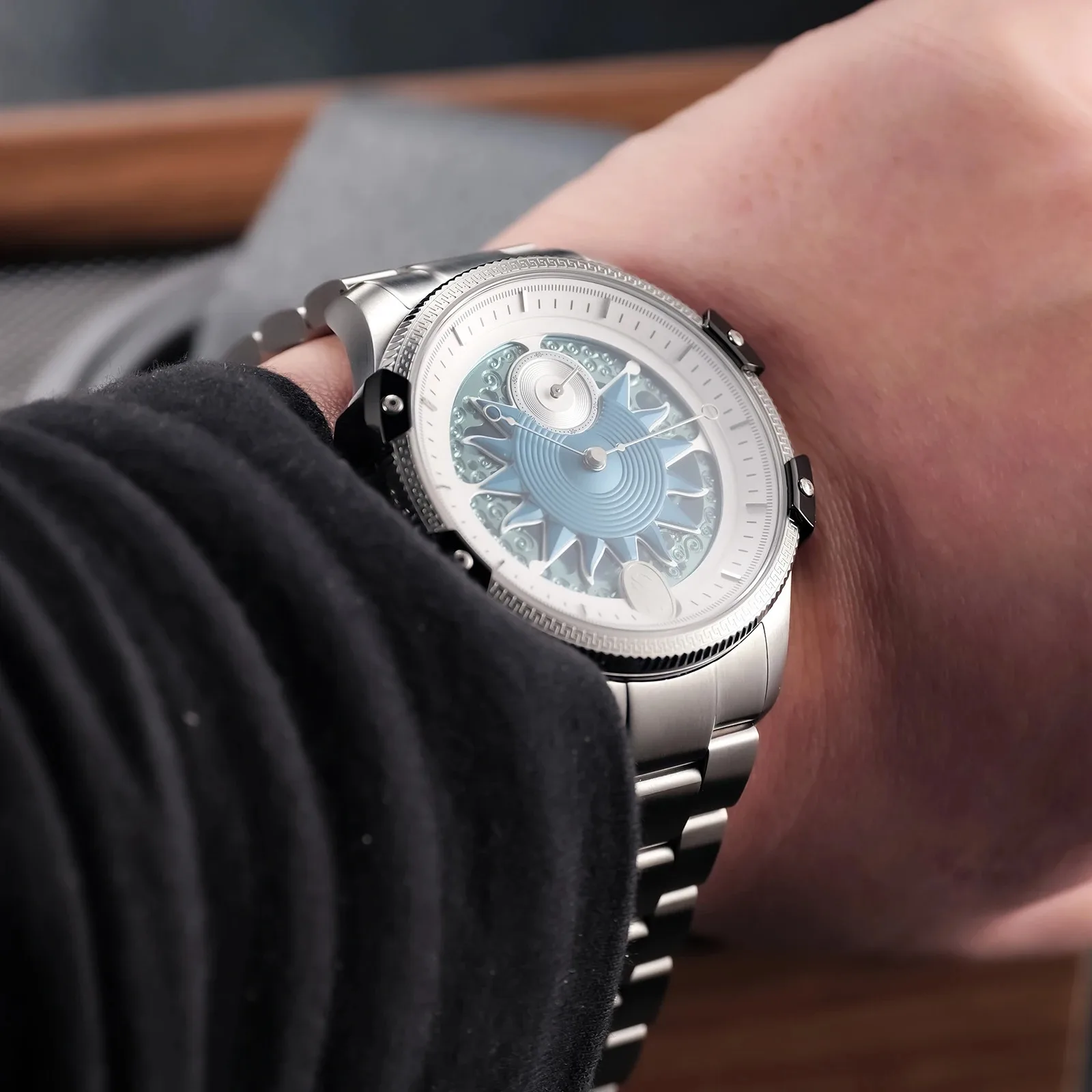 Oblvlo relógio automático masculino 43mm relógio de pulso mecânico luminoso 10atm à prova d'água esqueleto de safira mostrador sunburst