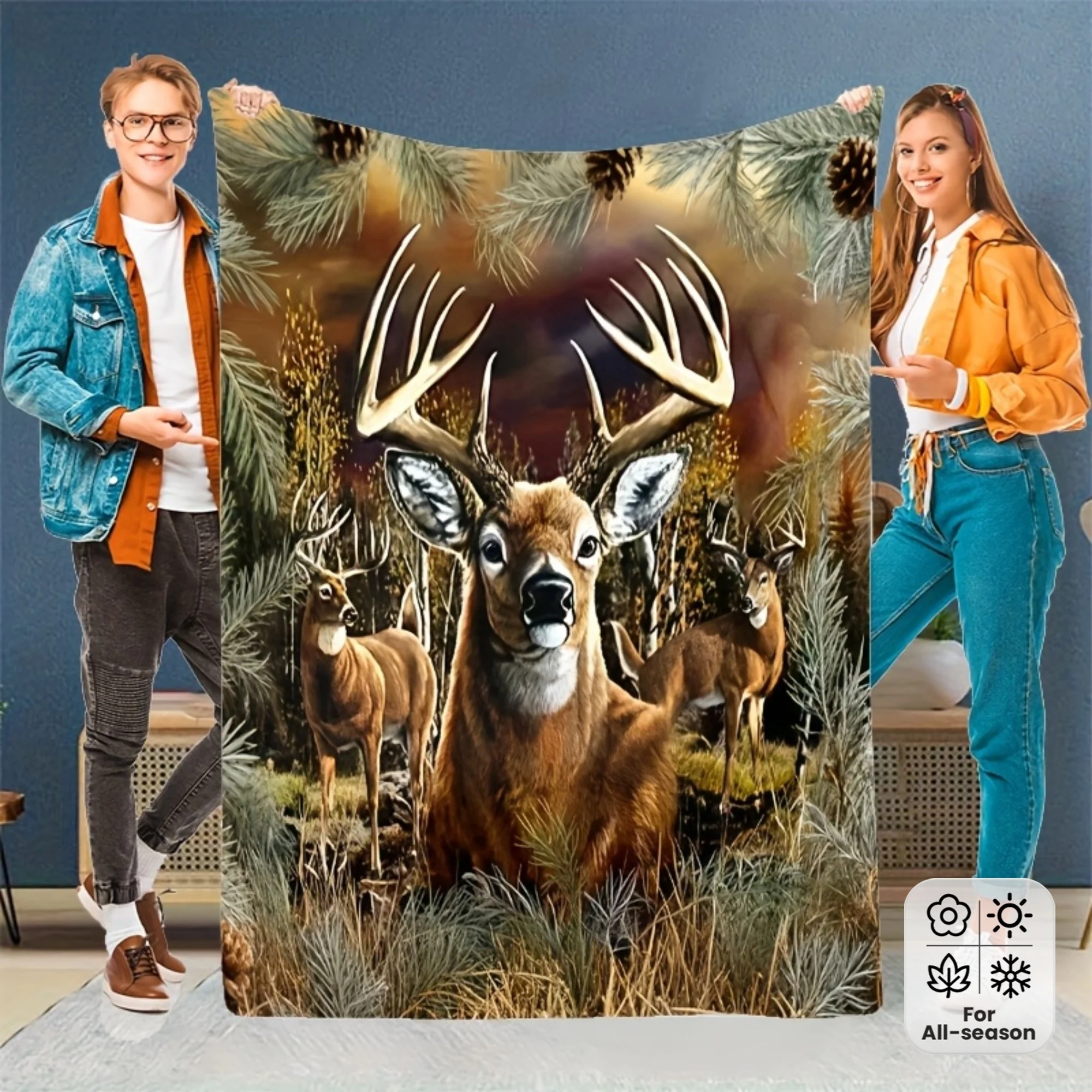 Rustic Deer Buck Pattern Autumn Forest Pine Wildlife Art Beautiful Bold Warm Comforting Gift Blanket For Window Bench
