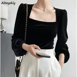 Black Velvet Blouses Women Solid Minimalist Slim Elegant Sexy for Ladies Blusas Ropa Mujer Square Collar Long Sleeve Autumn Tops