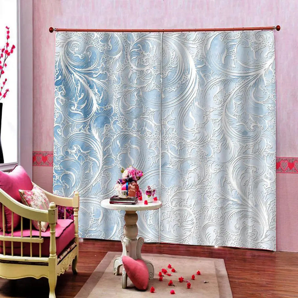 Blue curtains ple flower curtains 3D Curtain Luxury Blackout Window Curtain Living Room Blackout curtain