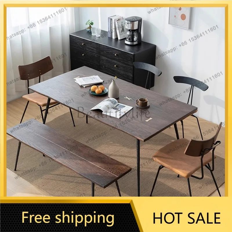 YJ Retro solid wood dining table Nordic wrought iron rectangular dining table Modern minimalist light luxury oak dining table an