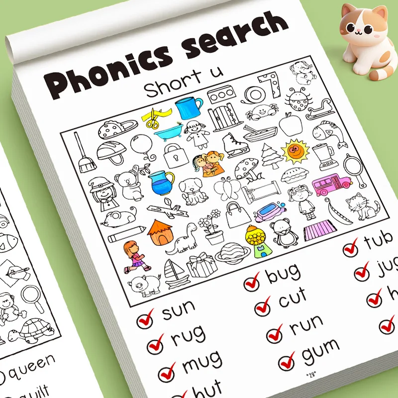32 Pages, Natural Phonics Drawing Book, Children's English Letter Exercise Book, Word Search Coloring Game Fun Interactive