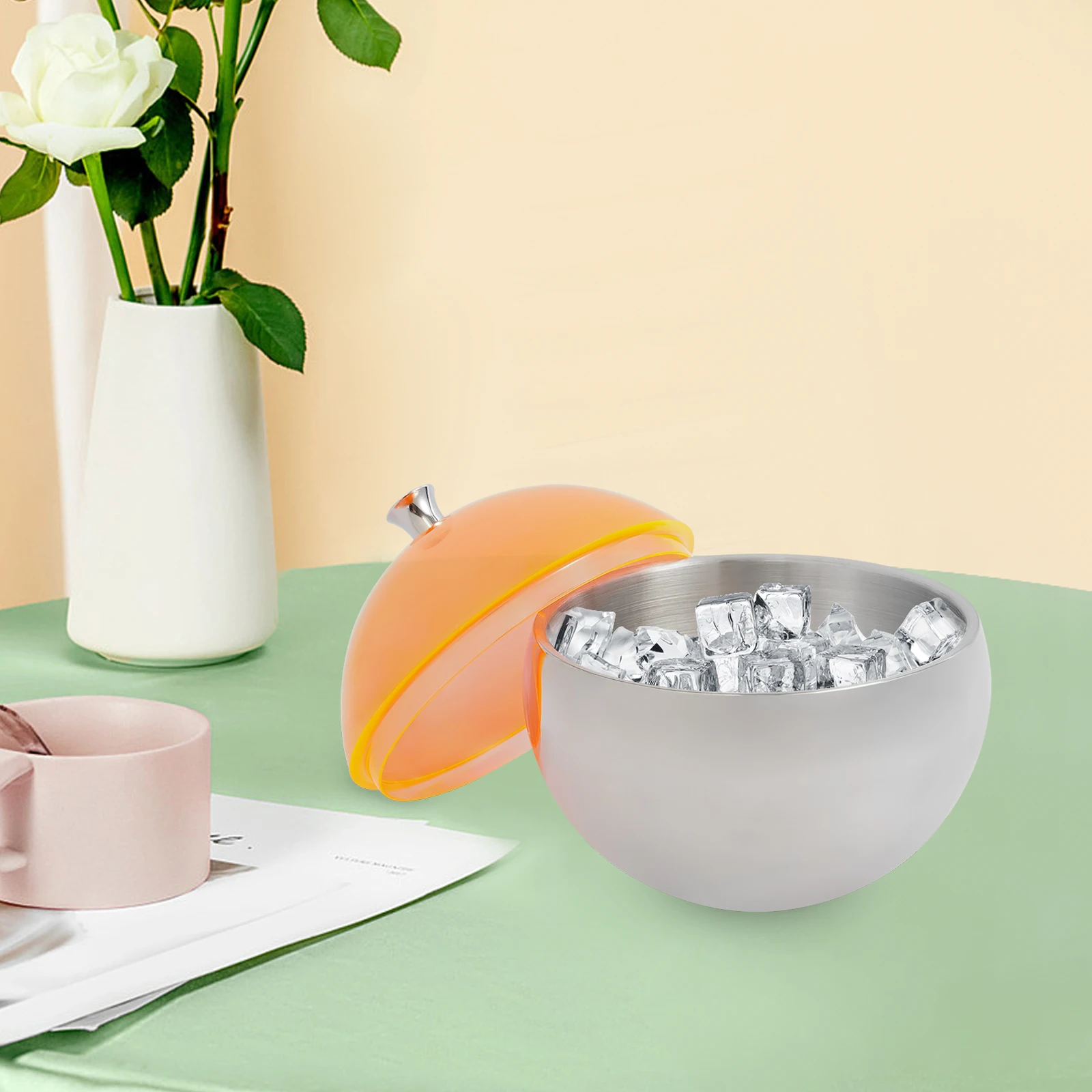 Stainless steel spherical ice bowl with orange lid