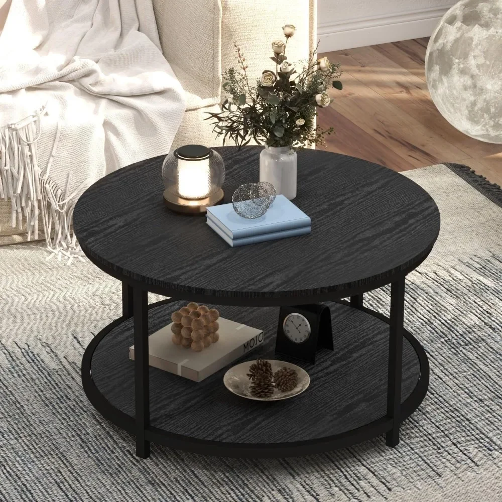 33.5” Round Coffee Table, 2-Tier Coffee Table for Living Room, Rustic Coffee Table with Open Storage Shelf, Modern Wood Desktop