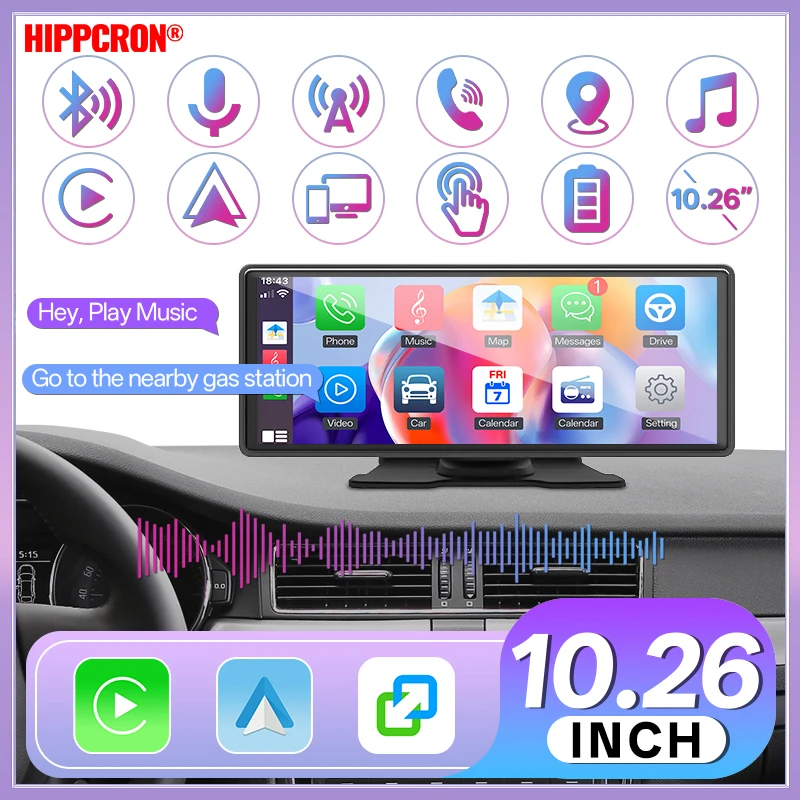 

Портативный беспроводной автомобильный мультимедийный видеоплеер Hippcron 10.26 дюйма с CarPlay, Bluetooth, Android Auto, IPS-экраном и поддержкой камеры