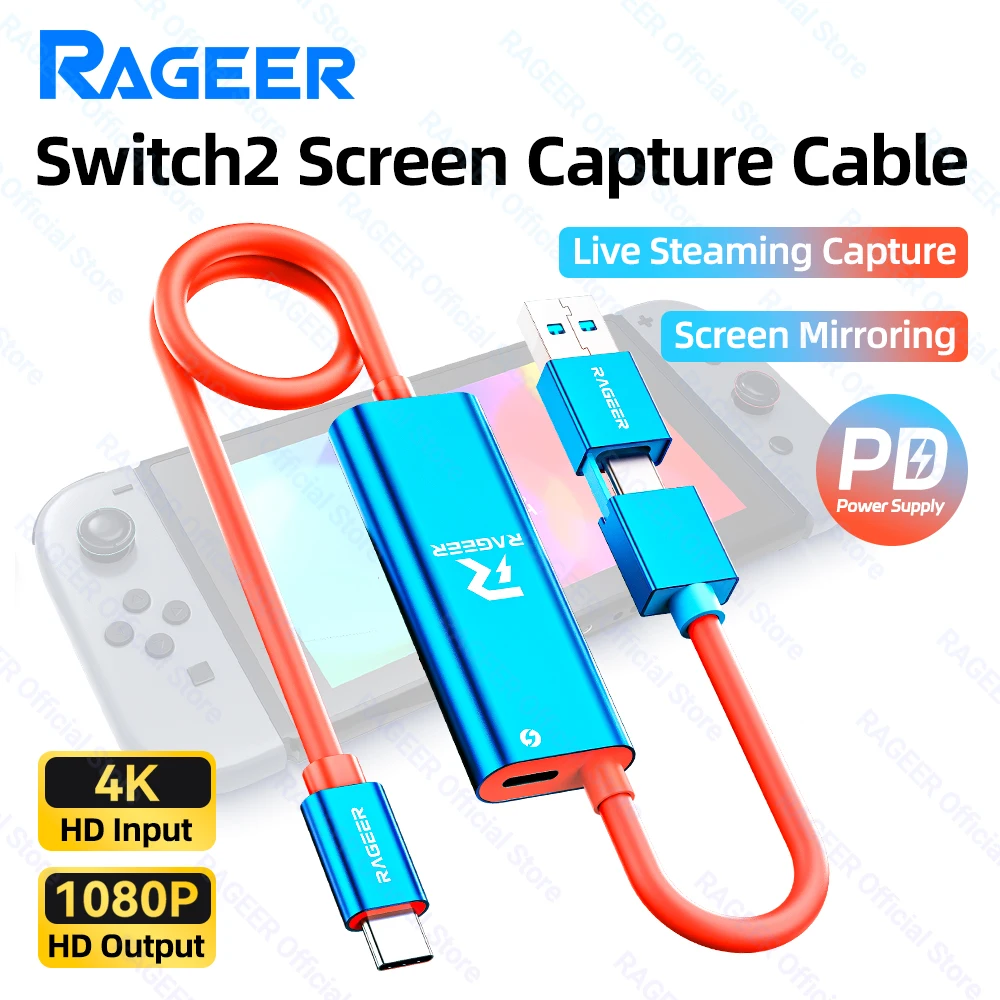 RAGEER Switch Video Capture Card USB 3.0 4K@60Hz USB C to USB C&A 100W PD Play Portable Travel Compatible with Switch 2/OLED