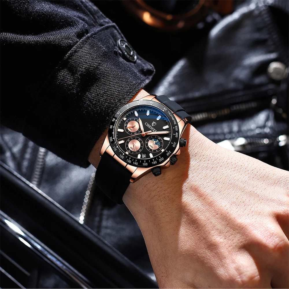 Chenxi multi-funcional esportes pulseira de silicone homem relógio fase da lua à prova dwaterproof água cronógrafo negócios casual quartzo relógios masculinos