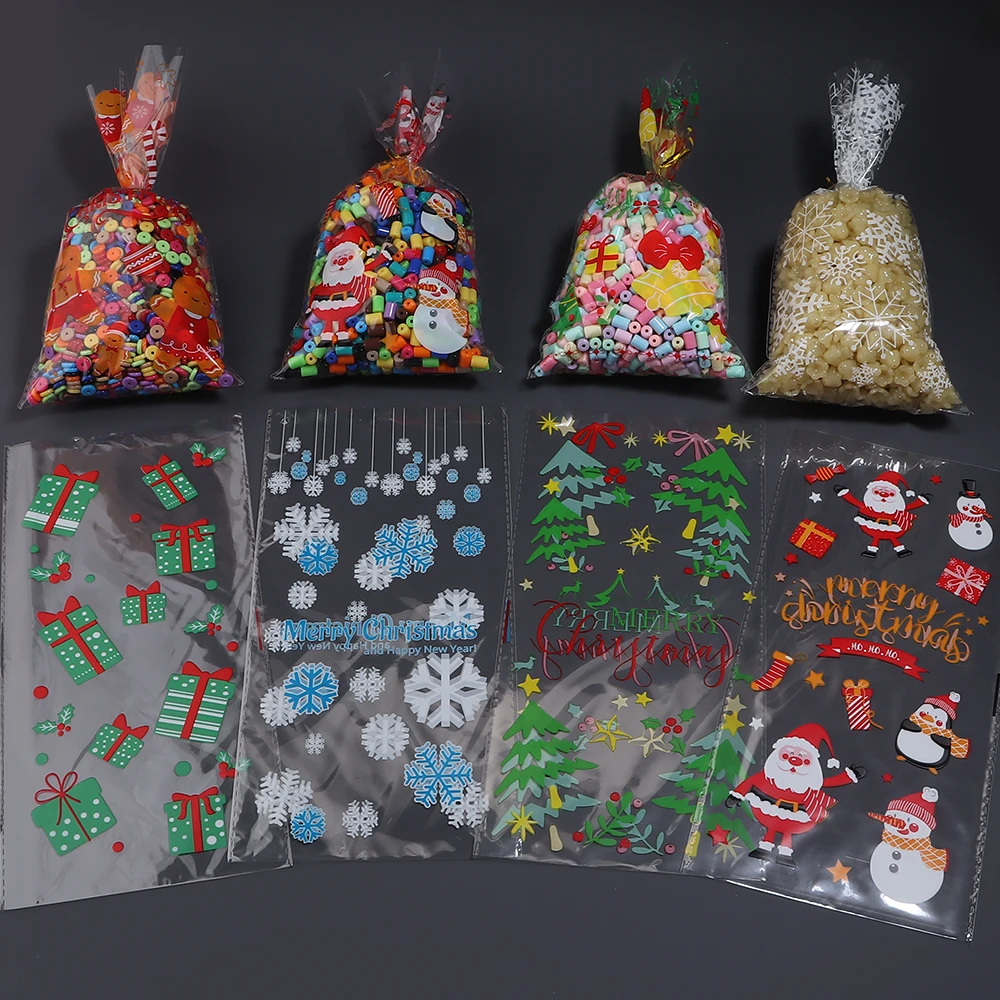 50pcs Christmas Clear Plastic Gift Bag Santa Snowman Pattern Cookie Candy Bags with Gold Twist Ties for Party Gift Wrapping