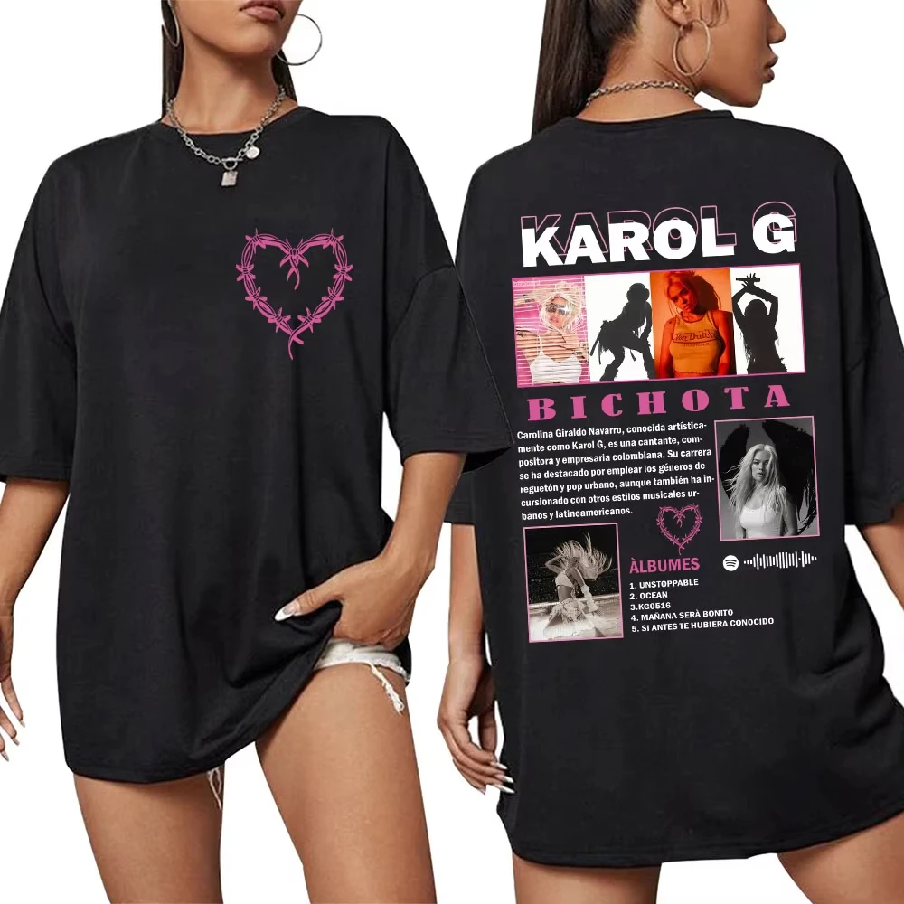 Cantante Karol G Bichota álbum moda camiseta estética Hip Hop Y2k Popular hombres mujeres camisetas Casual camisetas de algodón de gran tamaño