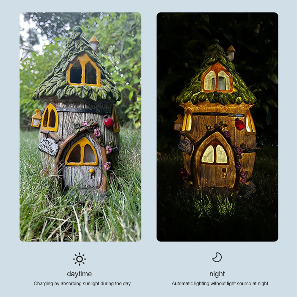 House Statue Solar Powered Led Light Resin Houses Sculptures Waterproof House Craft Miniature House Figurine Cottage Lamp Decor