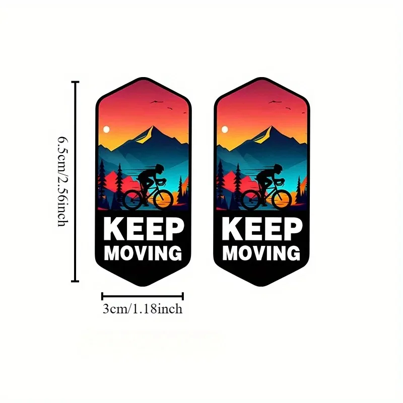 2Pcs Keep Moving Mountain Bike Vinyl Sticker, Waterproof Hexagon Decal with Mountain & City Skyline Design