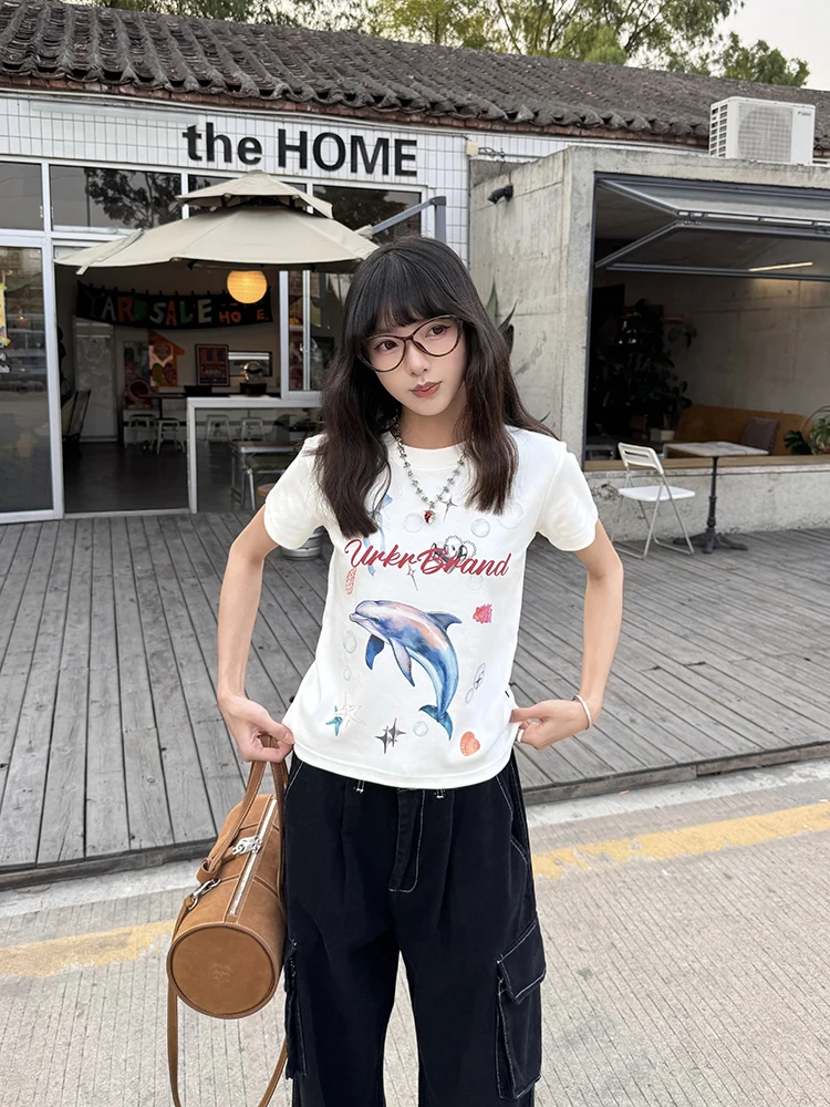 

URKR Original Dolphin Print Slim Fit ort Sve T-irt Women's Summer American Retro Trendy Brand Cotton Polyester Blend r...