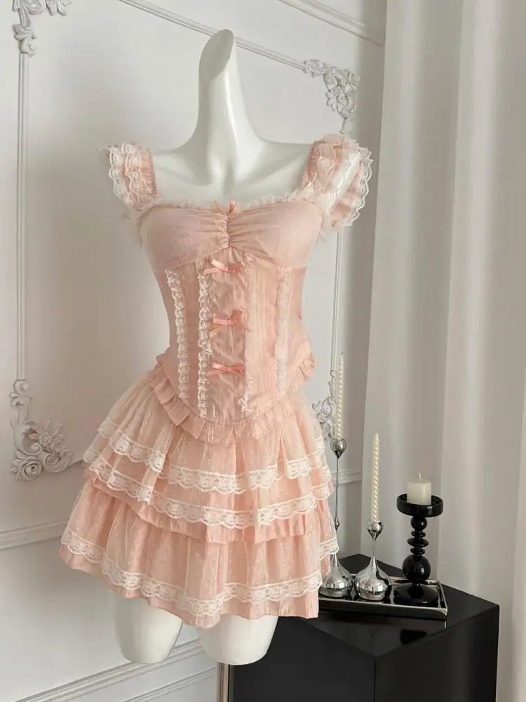

Summer Women Pink Patchwork Lace Sleeveless Ruffles Backless Slip Short Tops And High Waist Cake Mini Skirt Party Two Piece Sets