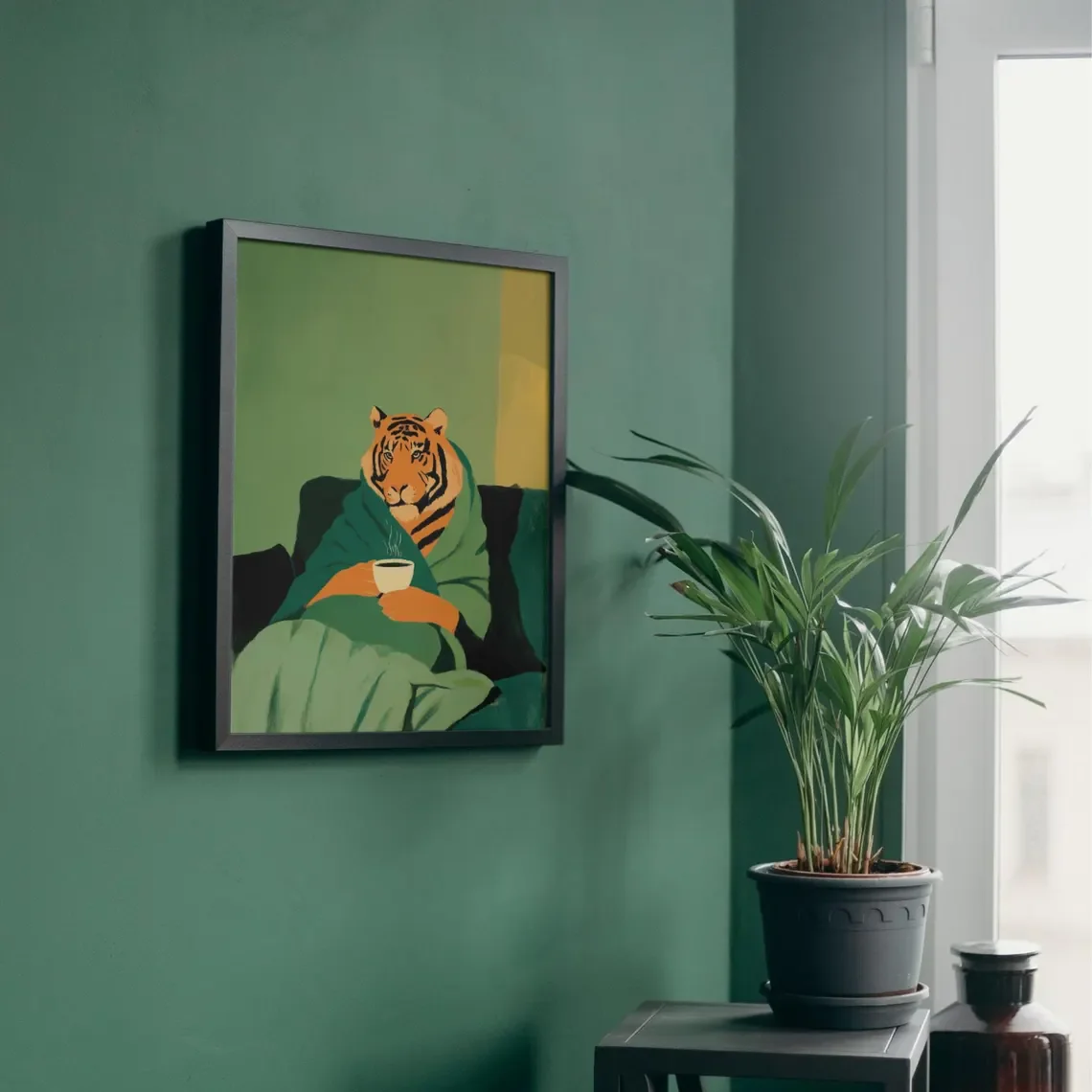 Emerald Green Tiger Art Print Cozy Modern Animal Illustration | Green & Orange Aesthetic Wall Decor | Coffee Lover Tiger Poster