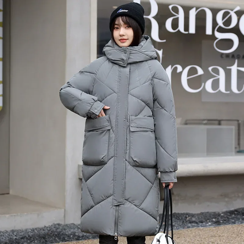 Large Size Long Parkas Winter Warm Quilted Jacket Women Clothing Pockets Zipper Thickened Windproof Windbreaker Long Sleeve Coat