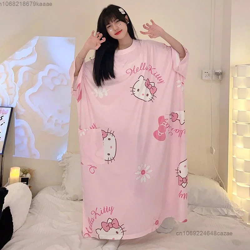 Sanrio Hello Kitty Pink Loose Pajama Dress Women Summer Dresses Cartoon Korean Style Cute Long T-shirts Y2k Female Nightgown