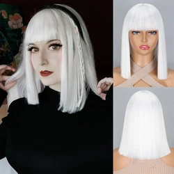 Peruca sintética curta com franja para mulheres, cabelo liso, lolita, branca, resistente a altas temperaturas, cosplay