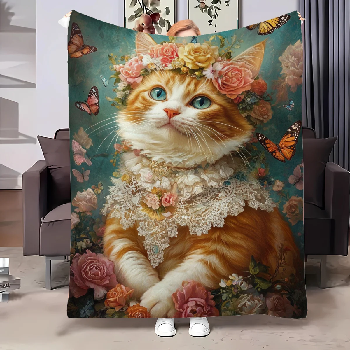 A Beautiful Portrait of an Orange And White Flannel Blanket, Perfect for Winter, Essential for Travel, Suitable for The Sofa,Car