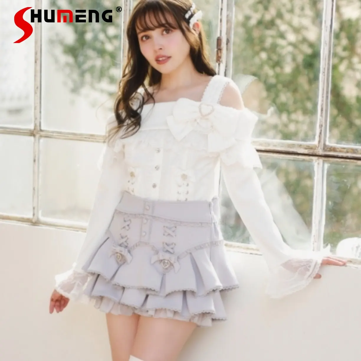 

Japanese Style Sweet Cute Girl Liz Mini Skirts High Waisted Lace Patchwork Bow Slim-fit Versatile Lolita Short Skirt for Women