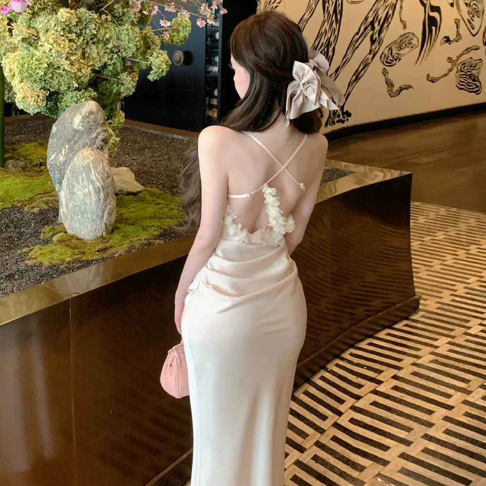 Robe longue de soirée en Satin pour femmes, Sexy, dos nu, épissé, fleur, mode élégante, taille haute, Slim Fit, sans manches, été