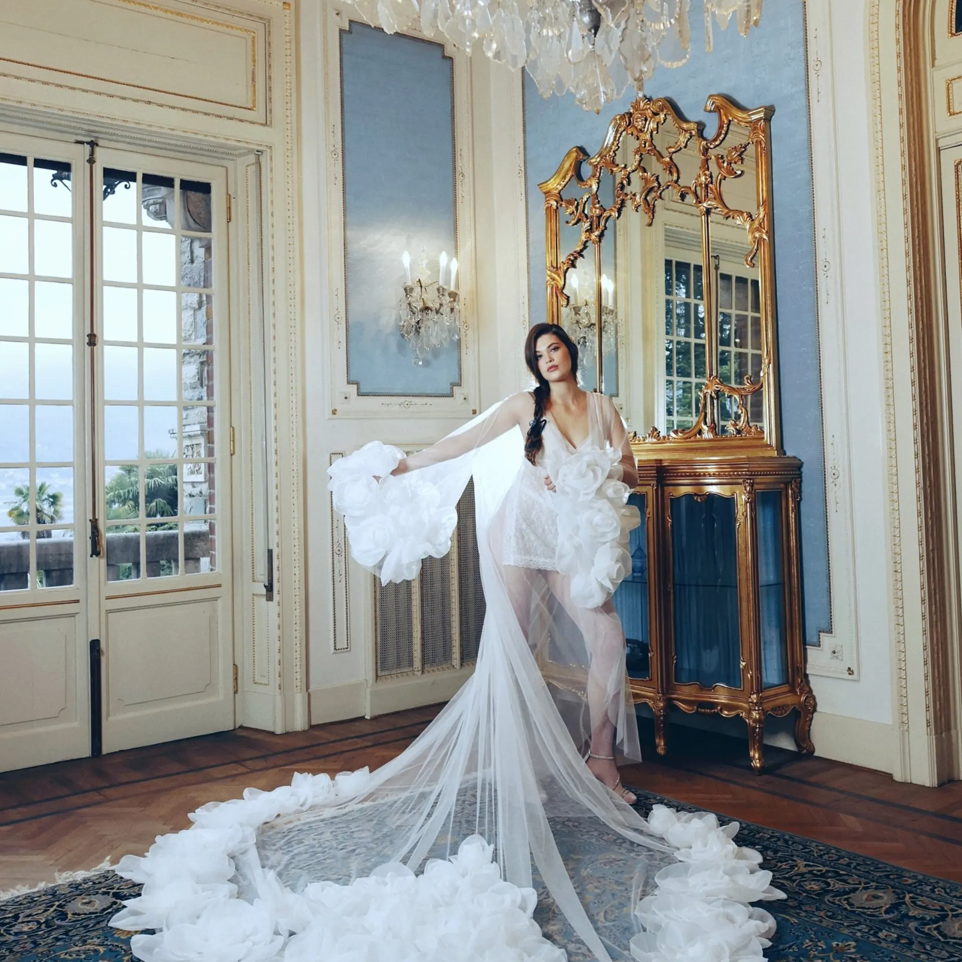 

White Flower Cape Wedding Jacket, Long Sleeve Sheer Organza Bridal Coat with Ruffled Flowers, Dramatic Train Wedding Outerwear