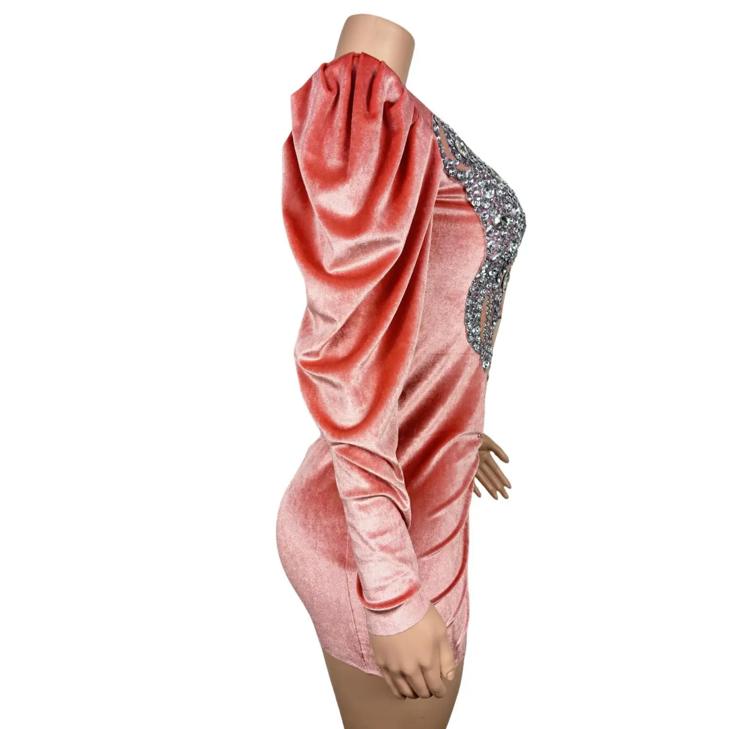 Women Rhinestones Short Dress Elastic Pink Velvet Sexy Birthday Evening Celebrate Bodycon Dress Host Stage Costume Fenhongnvlang