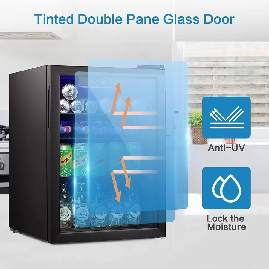 95캔 또는 24병용 유리문이 있는 소형 음료 냉장고 조절 가능한 선반 미니 냉장고 소다 보관에 이상적