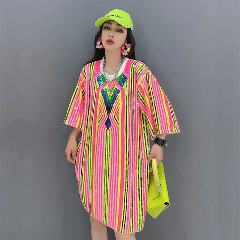 

Young Ladies Long Blouses Summer Beautiful Colorful Stripped Sequins Tops Women Party Large Tees Club Blouses Vestidos NZ188