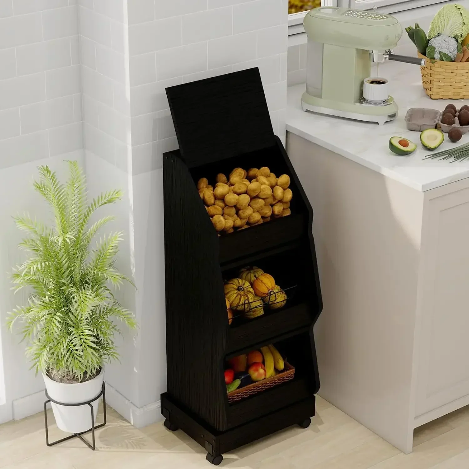 

[XMSJ]Potato and Onion Storage Bin with Wheels Black Set of 2 Movable Bread Box with Lid Onion Organizer with Grocery Section