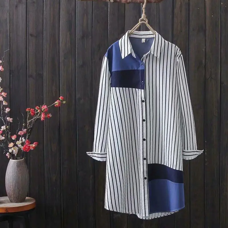 Women Long Shirts Blouse Vintage Stripe Cotton Shirts Female Clothes Pullovers Sweatshirts Oversized Long Sleeve Ladies Tops