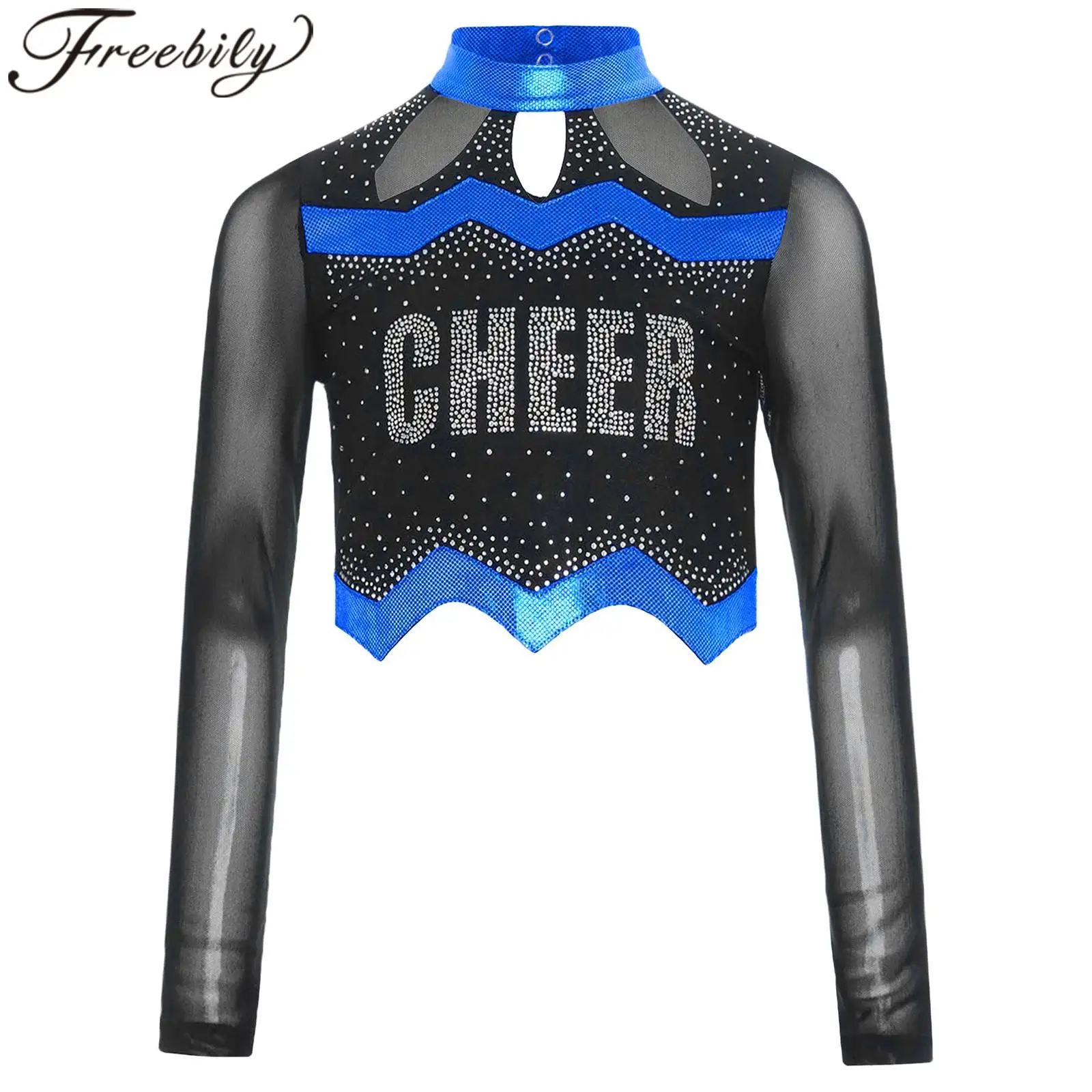 

Girl Cheer Leader Costume Mesh Patchwork Sport Cheer Uniform Top Cosplay Cheeing Team Clothes Shiny Rhinestone Dance Crop Top