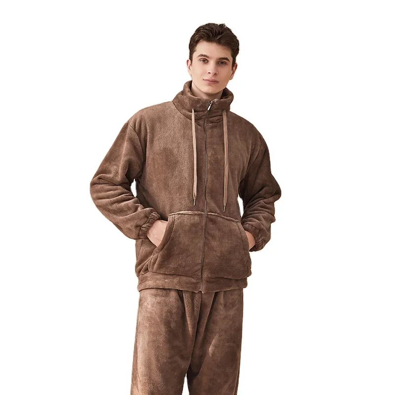 2022 winter high quality men's thick fleece warm zip casual flannel loungewear pajama set