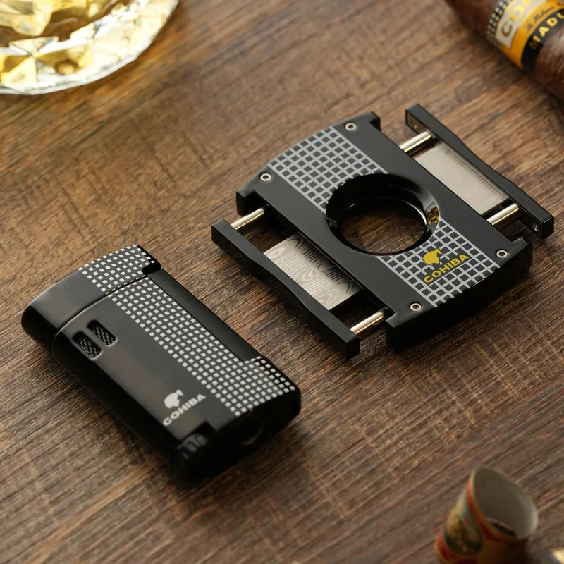 COHIBA Cigar Tool Set Alloy Metal Windproof Turbo Lighter Portable Torch Jet Lighter Cigar Puncher Sharp Cigar Cutter Men\'s Gift