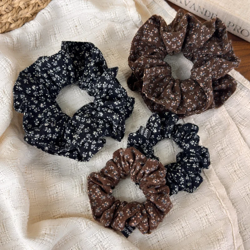 Hair Scrunchie Oversized Ditsy Floral Brushed Fabric Brown Fall Winter Soft Elastic Women Bun Hair Tie Lightweight Ponytail