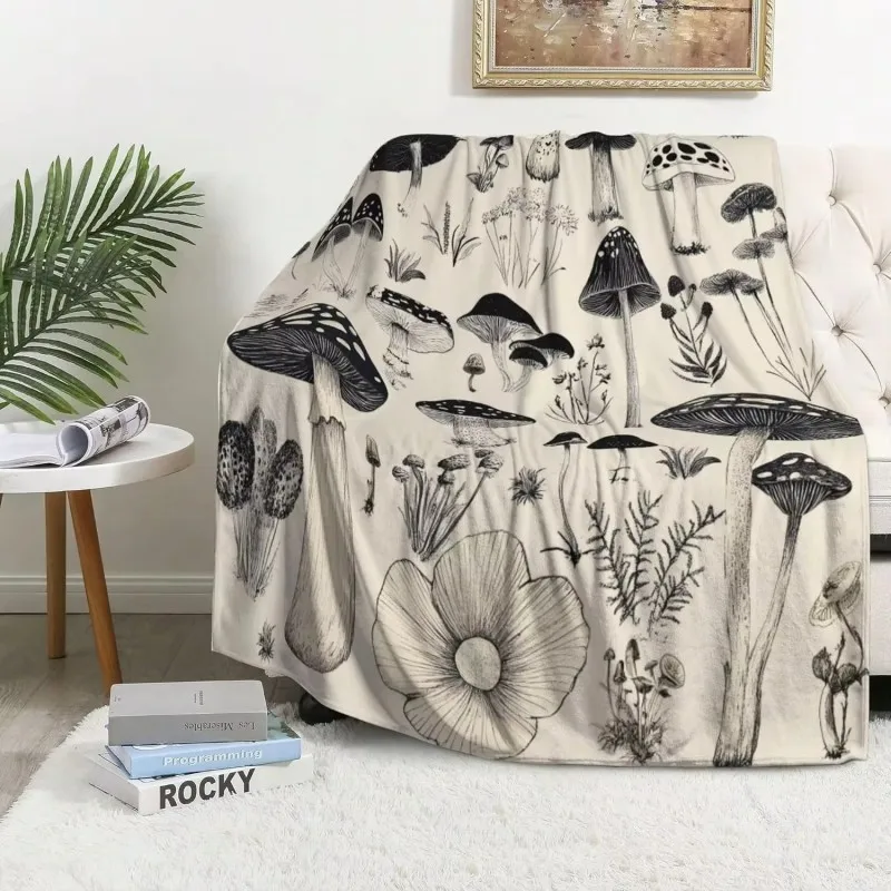 Blanket Throw Mushroom Print, Psychedelic Flannel Blanket, Colorful Forest Art, Couch Bedroom Camping Decor Warm Soft Throw