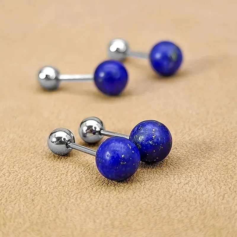 Natural Stone Titanium Steel Stud Earrings Screw Back 6mm Lapis Obsidian Amethyst Malachite Strawberry Quartz 1pair