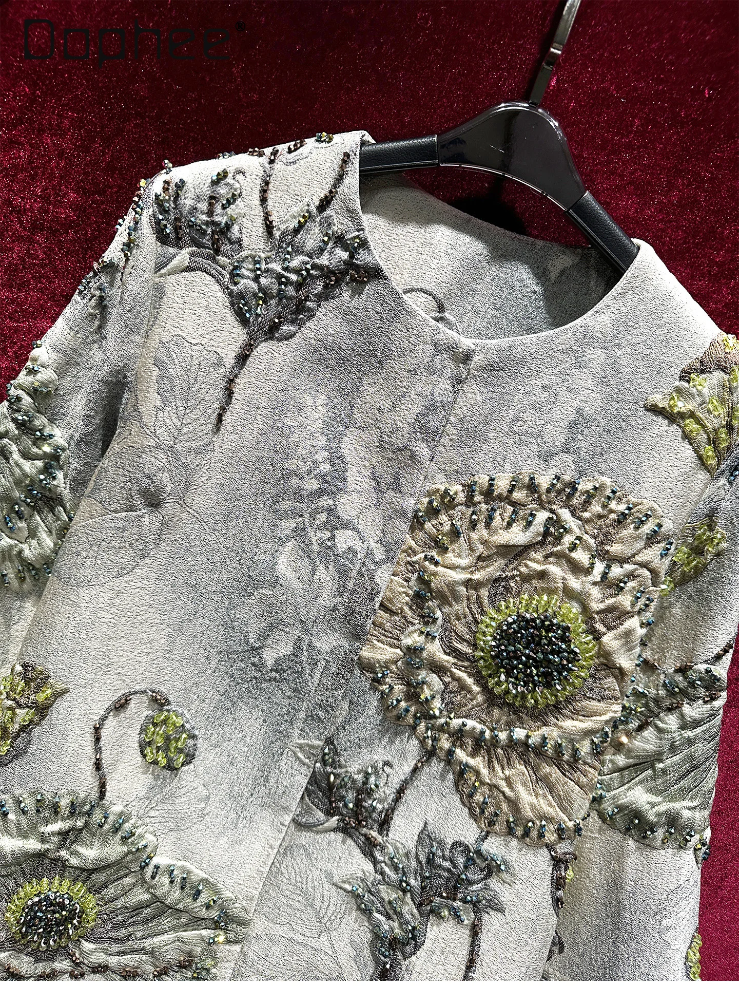 Light Luxury Three-Dimensional Embossed Jacquard Heavy Beading Mid-Length Coat Women Trench Elegant High-End Vintage Loose Coat