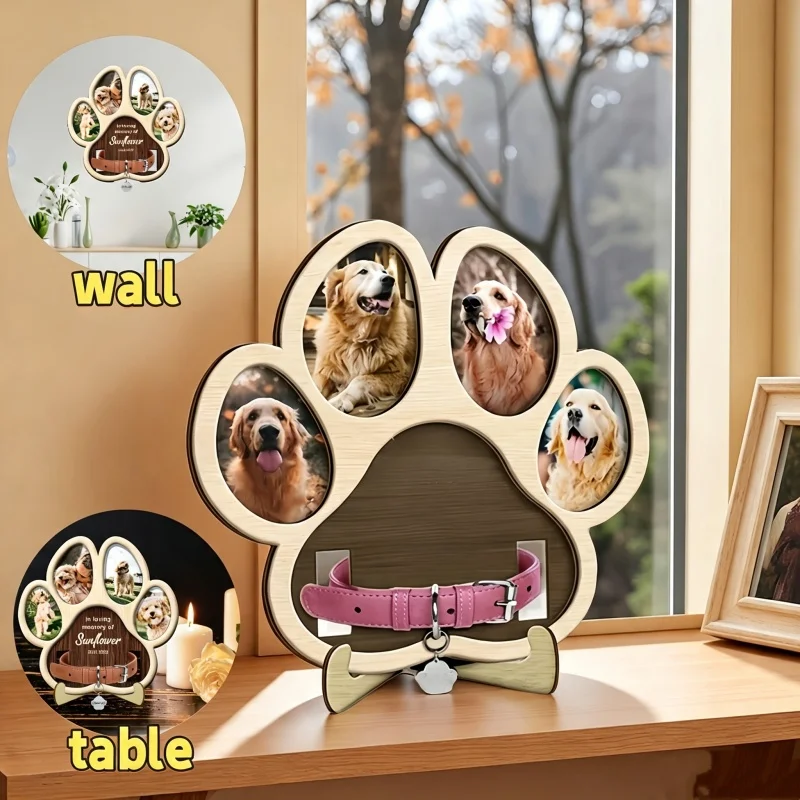 Paw Shaped Wooden Pet Picture Frame With Collar Holder Multi Photo Display Tabletop Memorial Keepsake For Dog Cat Lovers Decor