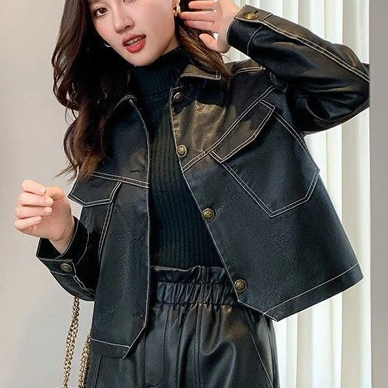 Leather jacket short, women's motorcycle, big size, slimming, autumn thin, high-end, casual leather  coat  chaquetas de mujer