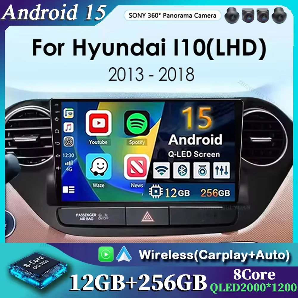 Android 15 For Hyundai i10 2 2013 -2018 LHD 2K QLED Stereo Car Radio Multimedia Video Player GPS CarPlay Auto 4G+WIFI Navigation