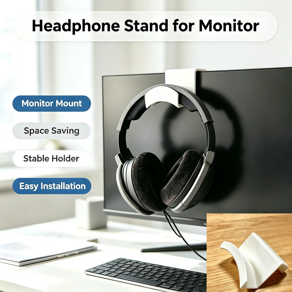 Monitor-Mounted Headphone Stand, No-Drill Headphone Hook, Desktop Space-Saving Headphone Organizer, Office and Gaming Headphone Holder