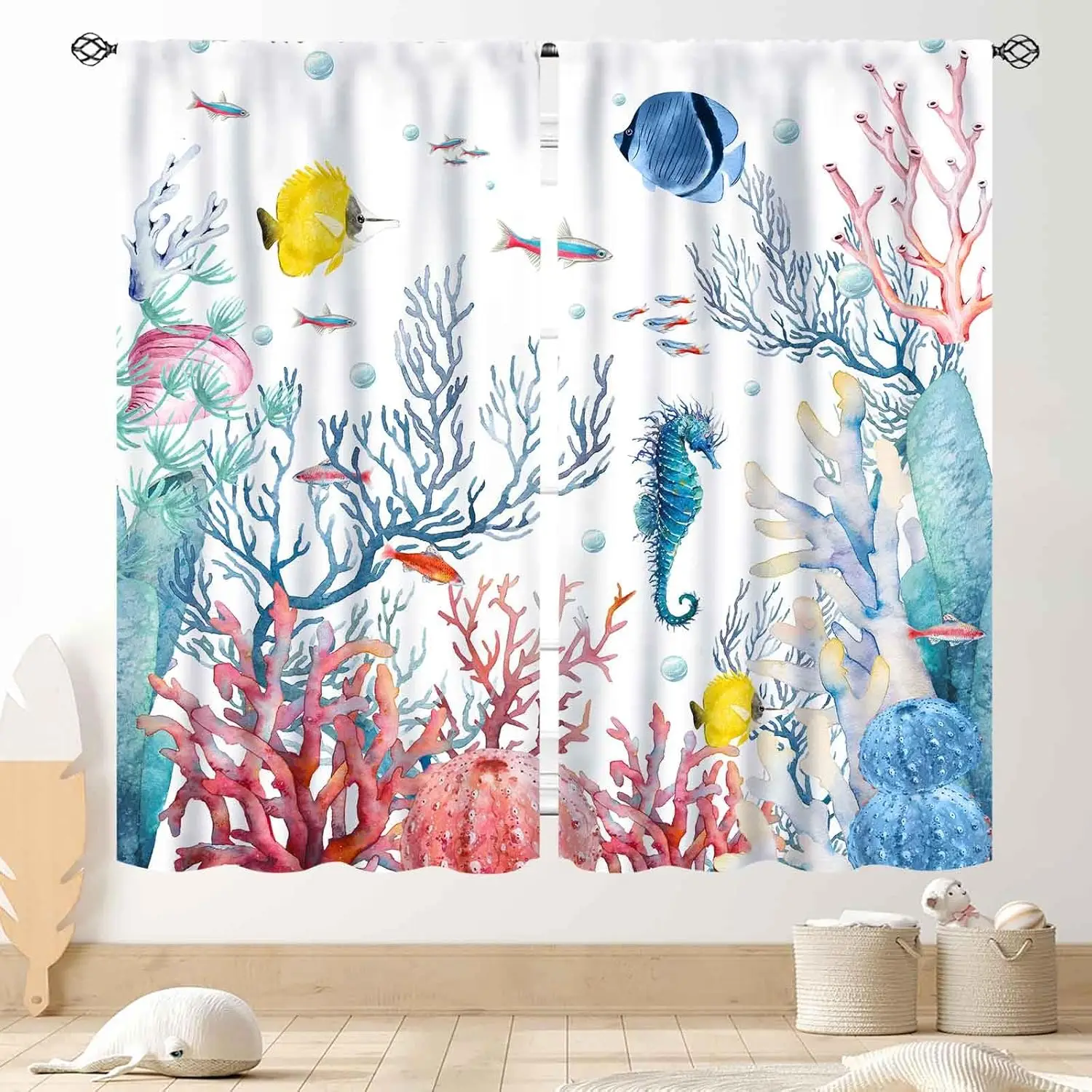 Ocean Life Curtains Seahorse Coral Fish Print for Kids Bathroom Window Decor