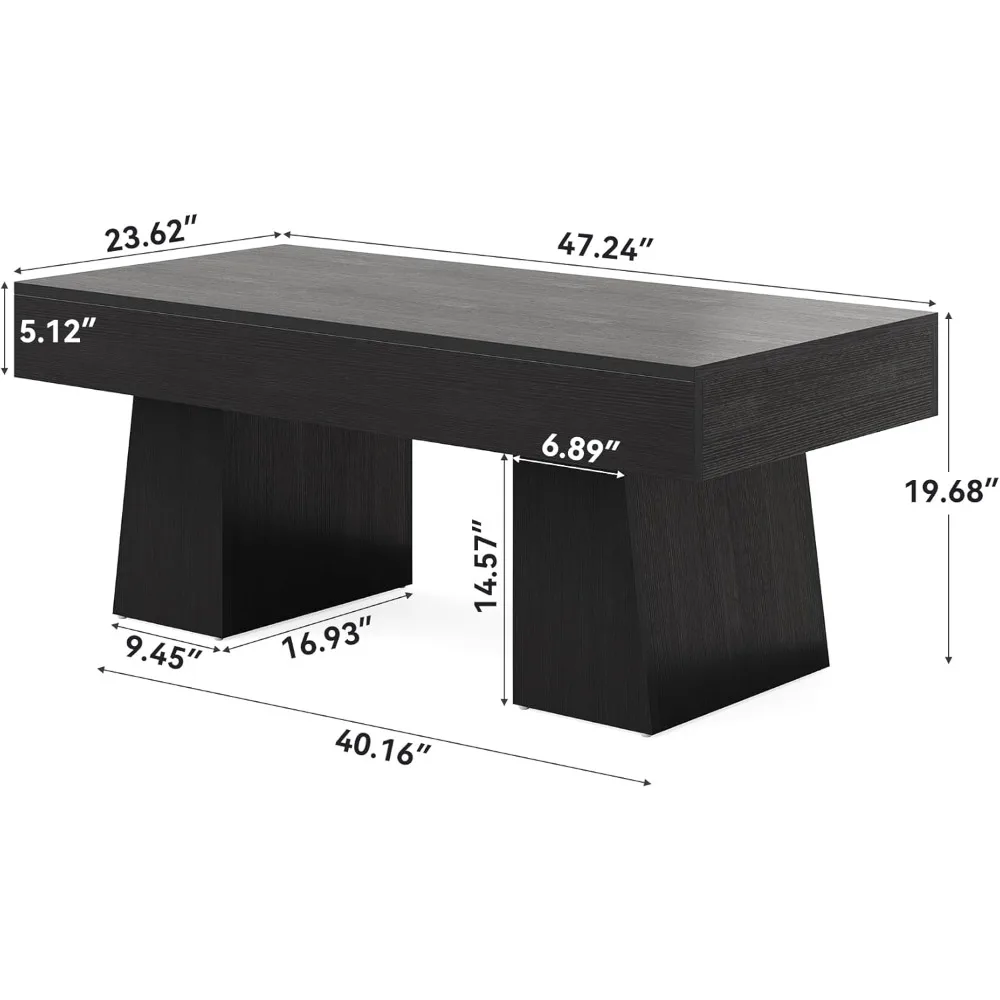 Farmhouse Coffee Table, 47 Inches Wooden Rectangular Accent Center Tables with Thick Base, Modern Low Cocktail Tea Furniture