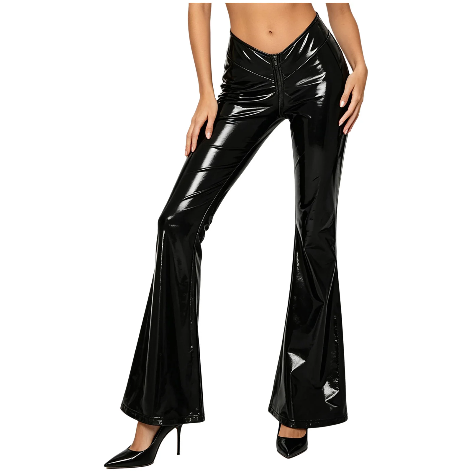 Women Glossy Patent Leather Flared Pants V-front Zippe Crotch Bell-bottom Trousers for Casual Daily Music Festival Rave Clubwear